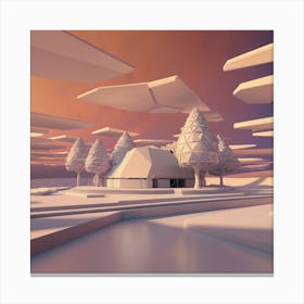 Geometric Building Surrounded By A Few Geometrically Arranged Trees Blend Of Concept And Minimalist Canvas Print