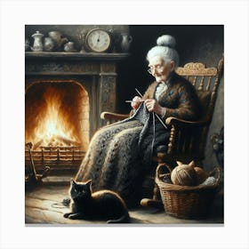 Old Lady Knitting Canvas Print