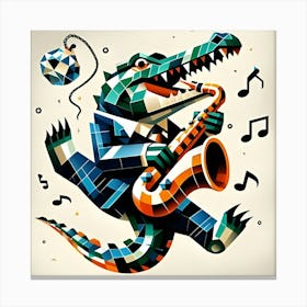 A Swinging Crocodile With A Diamond Saxophone, Inspired By The Cubist Collages Of Georges Braque 3 Canvas Print