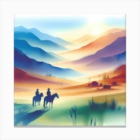 Watercolor Cowboys In The Mountains Canvas Print