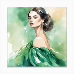 Watercolor Portrait Of A Woman In Green Dress Canvas Print