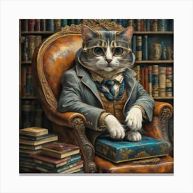 Cat Connoisseur Print Art A Sophisticated Cat In Glasses, Reclining In A Cozy Chair Surrounded By Books, Exuding An Air Of Refined Elegance Canvas Print