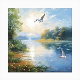 Seagulls By The River Canvas Print