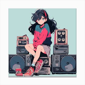 Anime Girl Sitting In Front Of Speakers Canvas Print