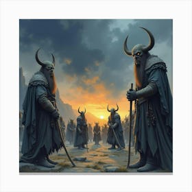 Watercolor Scene Of Orcs Assembling Under A Darkening Sky Canvas Print