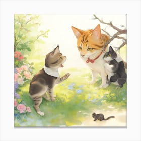 Little Cat Playing With A Dog In The Gard Canvas Print