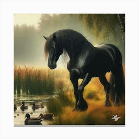 Beautiful Black Stallion By The Pond 4 Copy Canvas Print