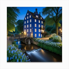 Blue House At Night Canvas Print