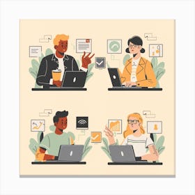 A series of high-quality and authentic images featuring diverse people engaged in remote work or online meetings, highlighting the modern flexibility of work environments. These images are frequently sought after for illustrating the concept of remote work, virtual collaboration, and technology in professional settings. Canvas Print