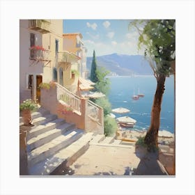 AI Monet's Italian Reverie: The Golden Streets by the Mediterranean  Canvas Print
