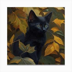 Black Kitten In Autumn Leaves 2 Canvas Print