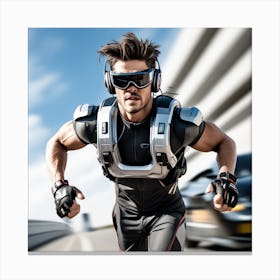 Alpha Male Model Running In High Speed, Wearing Futuristic Sonic Armor Exoskeletons And Vr Headset With Headphones Award Winning Photography With Sports Car, Designed By Apple Studio (3) Canvas Print