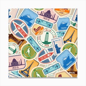 Travel Pattern Immigration Stamps Stickers With Historical Cultural Objects Travelling Visa Immigrant Canvas Print