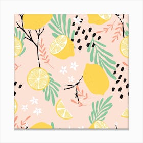 Lemon Pattern On Pink With Flowers And Florals Square Canvas Print