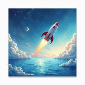 Rocket Navigating A Watercolor Tranquil Celestial Sea 1 Canvas Print