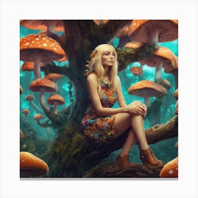 Girl Sitting On A Tree With Mushrooms Canvas Print