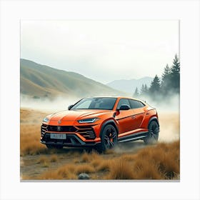 Lamborghini Urus In A Watercolor Highland Landscape With Mist 1 Canvas Print