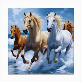 Brown and white Horses On The Beach Canvas Print