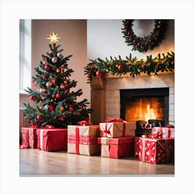 Christmas Presents In Front Of Fireplace 9 Canvas Print