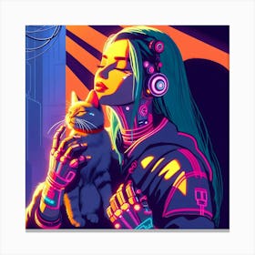 Neon Girl With Cat Canvas Print