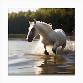 White Horse Running In Water 1 Canvas Print