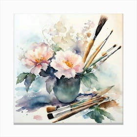 Watercolor Of Flowers And Brushes Canvas Print