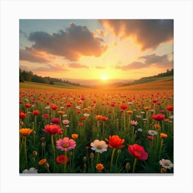 A Picturesque View Of A Field Of Colorful Wildflowers Under A Sunset Sky 5 Canvas Print