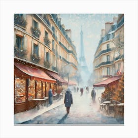 Paris cafes, winter season, Christmas, pale colors, pedestrians in the street, winter clothes, falling snow.1 2 Canvas Print