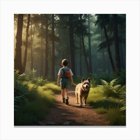 Boy And Dog In The Woods Canvas Print