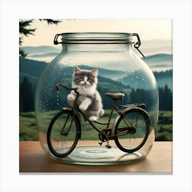 A Serene And Cinematic Photograph Of A Adorable Grey Cat On A Bike In A Glass Jar 3 Canvas Print