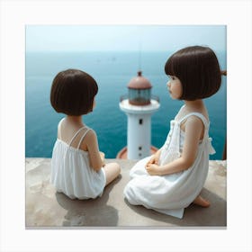 Two Little Girls At The Lighthouse Canvas Print