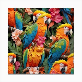 Colorful Parrots And Flowers Canvas Print