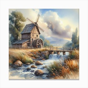 Windmill By The Stream Canvas Print