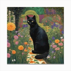 Klimt Style, Black Cat In A Garden Art Print 1 Canvas Print