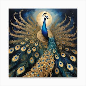 This masterpiece of Thai art captures the beauty of Thailand's nature in its unique style. Featuring a large peacock with vibrant plumage against a night sky background, adorned with traditional Thai patterns and intricate feather details, the artwork boasts rich colors and cultural symbolism. The serene atmosphere and mystical presence are enhanced by the use of gold and jewel tones, creating a mesmerizing piece that celebrates both the natural and cultural richness of Thailand. Canvas Print