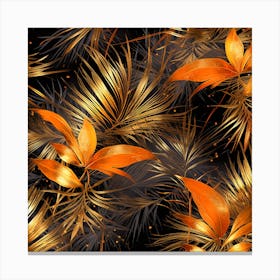 Golden Leaves On Black Background Canvas Print