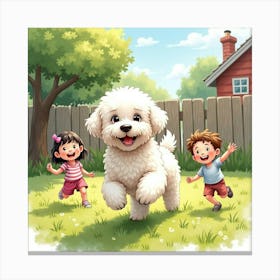 A Friendly Bichon Frise Playing With Kids In A Sunlit Yard, Watercolor 1 Canvas Print