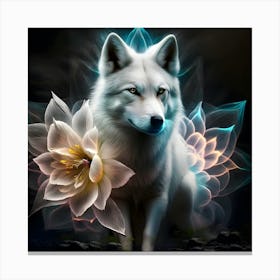 White Wolf With Lotus Flower Canvas Print