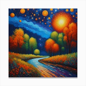 Road To The Stars.Luminous Journey: A Whimsical Landscape Under a Radiant Night Sky Canvas Print