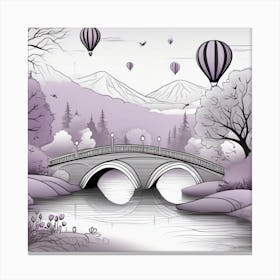 Hot Air Balloons Over A Bridge Minimalistic line art Landscape purple Canvas Print