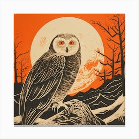 Retro Bird Lithograph Snowy Owl 3 Canvas Print