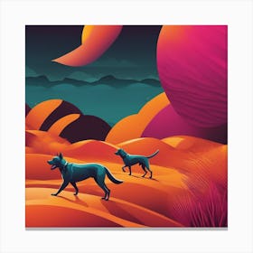 An Image Of A Dog Walking Through An Orange And Yellow Colored Landscape, In The Style Of Dark Teal (3) Canvas Print