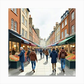 A Bustling London Street Market With People Shopping, Painted In Watercolor 1 Canvas Print