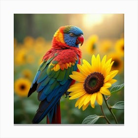 A Vibrant Parrot With Rainbow Feathers Perched On A Blooming Sunflower In A Fantasy Meadow Canvas Print