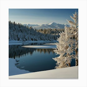 A Serene Winter Landscape With Snow Covered Trees, Frozen Lakes, And A Clear Blue Sky 1 Canvas Print