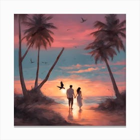 Two lovers walking on the beach at sunset 1 Canvas Print