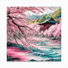 A stunningly vibrant watercolor illustration of a serene Japanese landscape featuring cherry blossoms. The foreground shows a river with gentle waves reflecting the pink hues of the blossoms. 2 Canvas Print