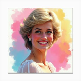 Princess Diana Smiling, Soft Watercolor Backdrop Of Vivid Rainbow Shades 1 Canvas Print