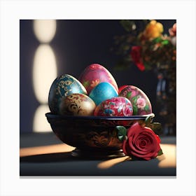 Bowl of Decorative Eggs with Red Rose Canvas Print