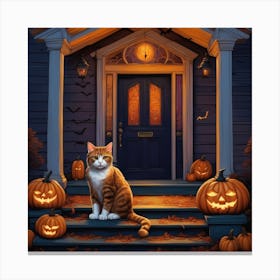 Halloween Cat In Front Of House 7 Canvas Print